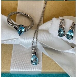 Sterling Silver Blue Topaz White Sapphire Ring Necklace Earring Set